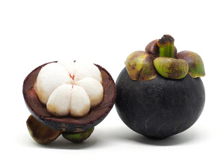 Fresh mangosteen cut slice half on white isolated background