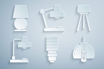 Set LED light bulb, Floor lamp, Table, Chandelier, and icon. Vector