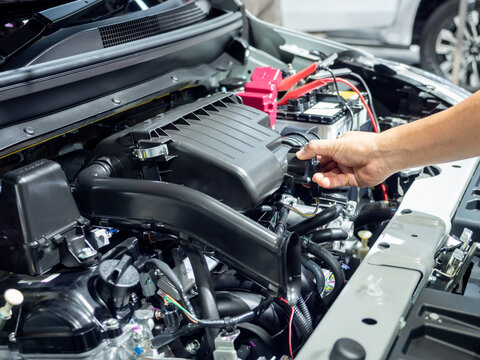 Hand touch and cheking engine interioir new car shuny and clear