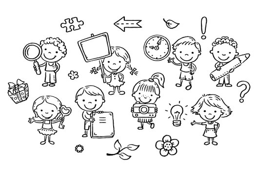 Set of cartoon kids holding different objects, outline illustration