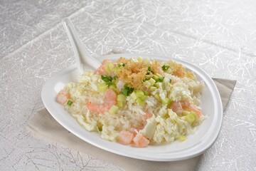 chinese style egg fried rice with japanese sakura shrimp and prawn seafood meat in white background asian halal menu