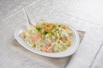 chinese style egg fried rice with japanese sakura shrimp and prawn seafood meat in white background asian halal menu