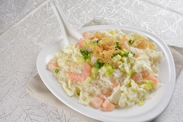 chinese style egg fried rice with japanese sakura shrimp and prawn seafood meat in white background asian halal menu