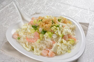 chinese style egg fried rice with japanese sakura shrimp and prawn seafood meat in white background asian halal menu
