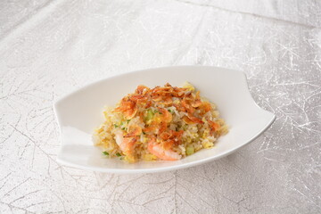 chinese style egg fried rice with japanese sakura shrimp and prawn seafood meat in white background asian halal menu
