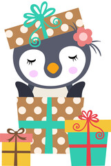 Funny penguin looks out of a gift box happy birthday