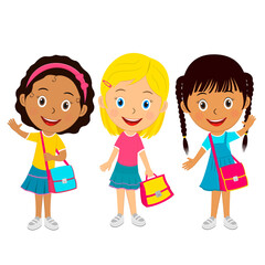 cute cartoon girls stand with bags