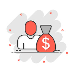 People with money bag icon in comic style. Businessman bag cartoon vector illustration on white isolated background. Bank splash effect business concept.