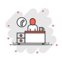 People with table lamp and clock icon in comic style. Coworking space cartoon vector illustration on white isolated background. Freelancer workplace splash effect business concept.