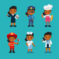 Collection of cute girl in different profession. Labor day clip art. Flat vector cartoon design