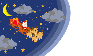 Illustration of Santa Cross on a sleigh with a big red gift box behind the sleigh being dragged by four reindeer on a night sky background with crescent moon and many stars.With copy space.