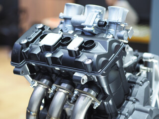 Closeup carburetor machine engine detail new and shiny of car transportation concept,The new engine detail technology