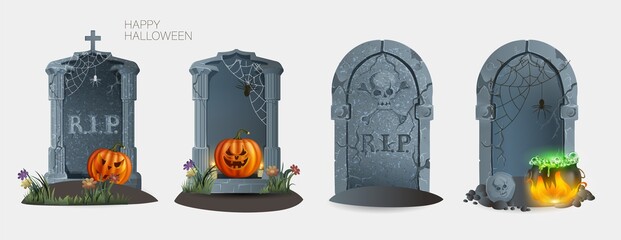 Set of gravestones with rest in peace inscription vector illustration. Ancient rip. Halloween elements for decor concept. Isolated on white background - obrazy, fototapety, plakaty