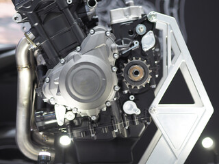 Fototapeta premium Detail the new engine of car and carburetor clean and shiny the technology from industry transportation concept