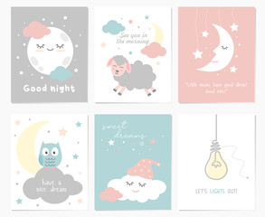 Fototapeta na wymiar A set of cute postcards for good night greetings