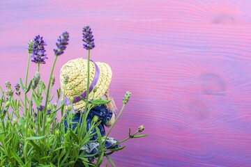 background of lavender flowers and doll in hat
