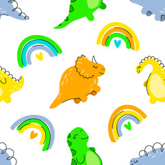 Vector seamless pattern. Cute dinosaurs and rainbows on white background 