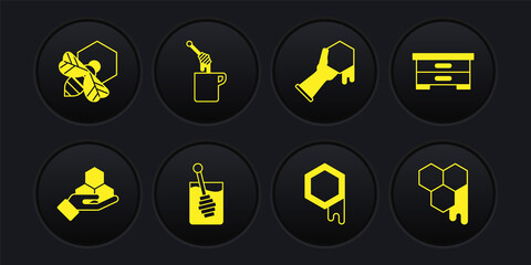 Set Honeycomb and hand, Hive for bees, dipper stick, with honey, and Bee honeycomb icon. Vector