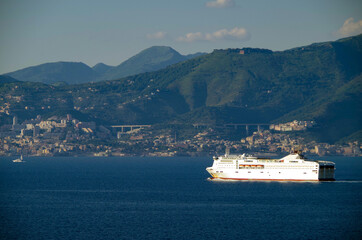 Modern Mediterranean passenger ferry cruiseship cruise ship liner in sailing towards port of...