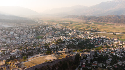 Aerial view of streets in the UNESCO listed old town of Gjirokaster in southern Albania