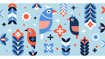 Geometric Birds and Flowers on Blue Background. Nature Graphic, Vector illustration