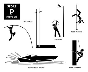 Sport games alphabet P vector icons pictogram. Pole vault, popinjay, pole dancing, power boat racing, and pole climbing. - obrazy, fototapety, plakaty