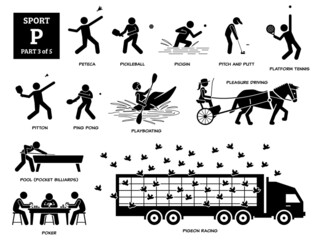 Sport games alphabet P vector icons pictogram. Peteca, pickleball, picigin, pitch and putt, platform tennis, pitton, ping pong, playboating, pleasure driving, pool, poker, and pigeon racing.