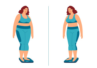 Color vector illustration in flat style isolated on white background. The girl stands on the scales. Girl before and after losing weight. Body transformation. A fat girl is losing weight.