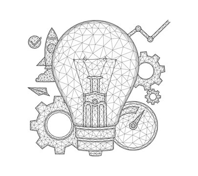 Idea generation concept art. Polygonal vector illustration of a light bulb, gears, speedometer and rocket. Search engine optimization low poly design.