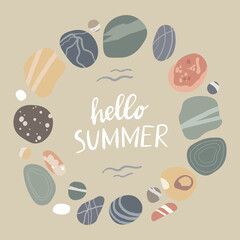 Hello Summer lettering inscription in circle frame of flat colorful sea pebbles.  Vector illustration, isolated, for your design, card, banner, website.