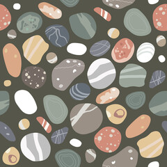 Flat sea pebbles seamless pattern. Small stones of different shapes and colors set.Vector illustration collection.