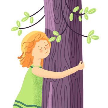 Cute young girl hugging a tree. Love nature, save Earth concept. Eco-friendly card or banner design. Cartoon vector illustration, isolated.