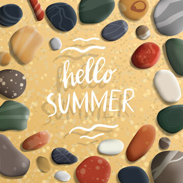 Hello Summer inscription surrounded with colorful volumetric sea pebbles. Square poster, greeting card, banner for website. Vector illustration isolated.