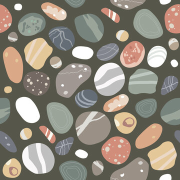 Flat sea pebbles seamless pattern. Small stones of different shapes and colors set.Vector illustration collection.