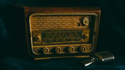 old radio with vintage microphone