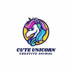 Vector Logo Illustration Cute Unicorn Simple Mascot Style.