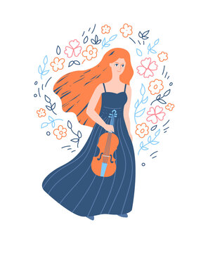 Young woman with a violin in her hand. Cartoon violinist girl. Vector illustration of a musician with flowers on background, isolated.