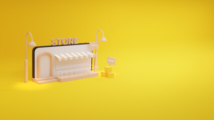 Online shopping concept in minimal 3D illustration, landscape mobile phone store  with yellow background