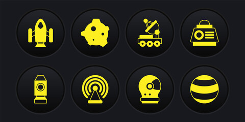 Set Rocket ship, Space capsule, Radar, Astronaut helmet, Mars rover, Asteroid, Planet and icon. Vector