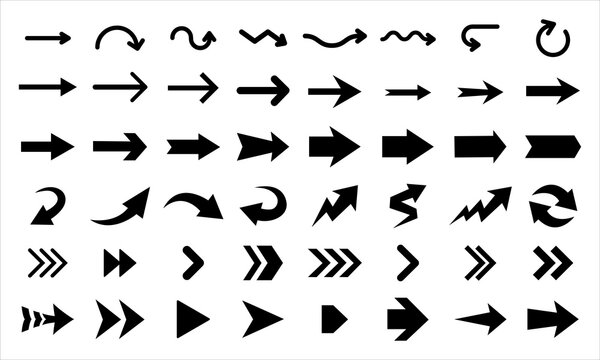 Arrows vector icons isolated on white background. Big vector set of black arrow signs and direction pointers.