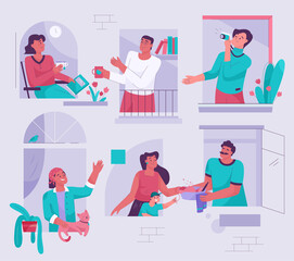 Neighbors in windows concept. Men and women look out from home