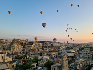 Hot air balloons - Cappadocia - Turkey, Hot air balloons in the sky at morning time, tourism at Turkey, Famous cave suits. Cappadocia, Turkey, June 14, 2021
