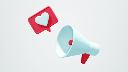 Megaphone with flying like icon. 3d render