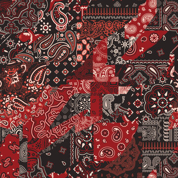 Red bandana kerchief paisley fabric patchwork abstract vector seamless pattern 