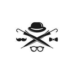 Bowler hat, bow tie, mustache and crossed cane umbrellas. Vintage gentleman club logo.