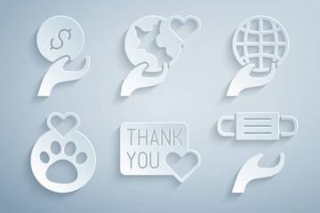 Set Thank you with heart, Hand holding Earth globe, Heart animals footprint, Medical protective mask, and Donation charity icon. Vector