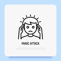 Neurosis. Panic attack thin line icon: man feeling anxiety or stress and touching his head. Headache. Vector illustration.