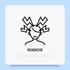 Headache or migraine thin line icon. Mental stress, flashes around human head. Hypertension. Modern vector illustration.