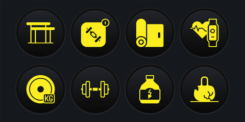 Set Weight plate, Smart watch with heart, Dumbbell, Sports nutrition, Fitness mat roll, app, Broken weight and Uneven bars icon. Vector