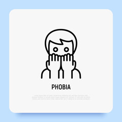 Phobia, anxiety, panic attack thin line icon: scared man. Mental disorder. Vector illustration.